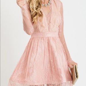 Long Lace Sleeve Blush Cocktail Dress